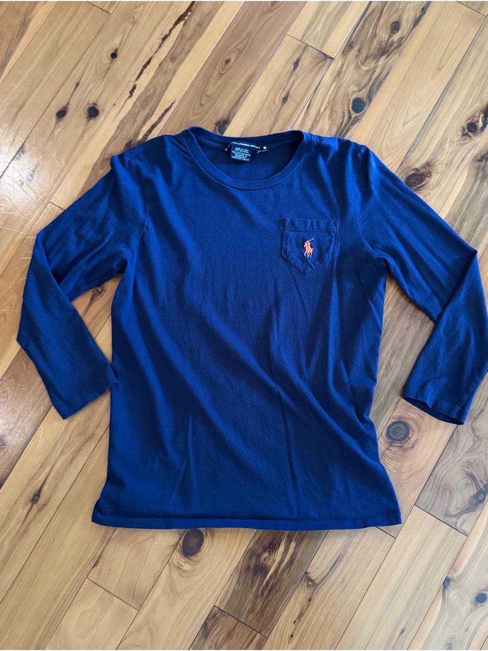 Ralph Lauren Navy Three Quarter Sleeve Pocket Tee with Orange Pony